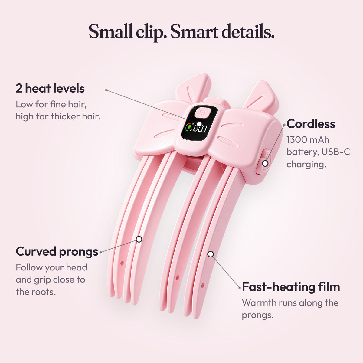 Pink AirTuft clip showing two heat levels, curved prongs, and USB-C charging