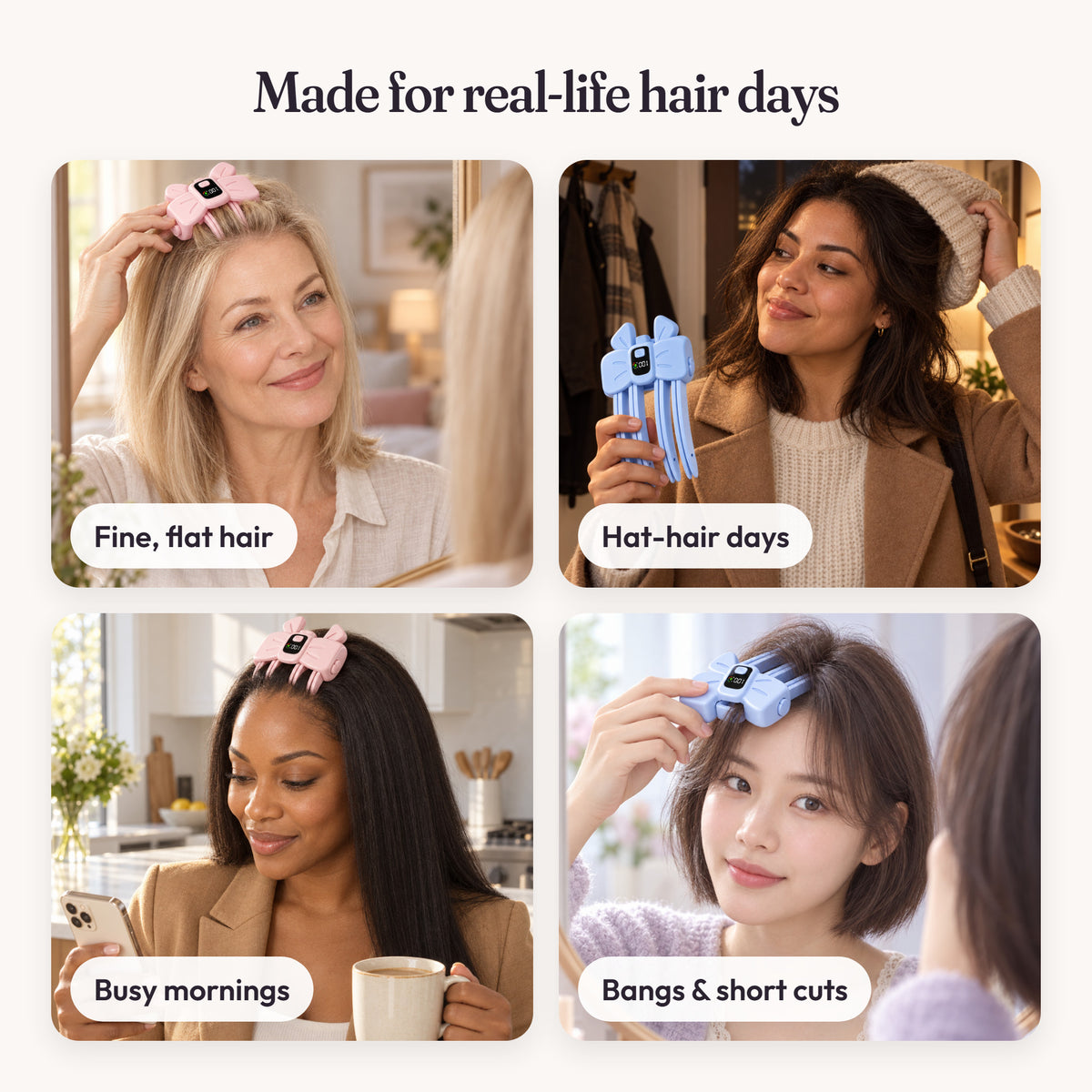 AirTuft root clip used on fine hair, hat hair, busy mornings, and bangs
