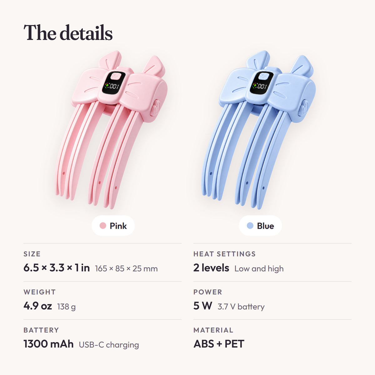 Pink and Blue AirTuft clips with size, battery, and heat setting details