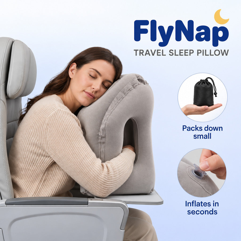 Traveler resting against the inflatable pillow on an airplane tray table