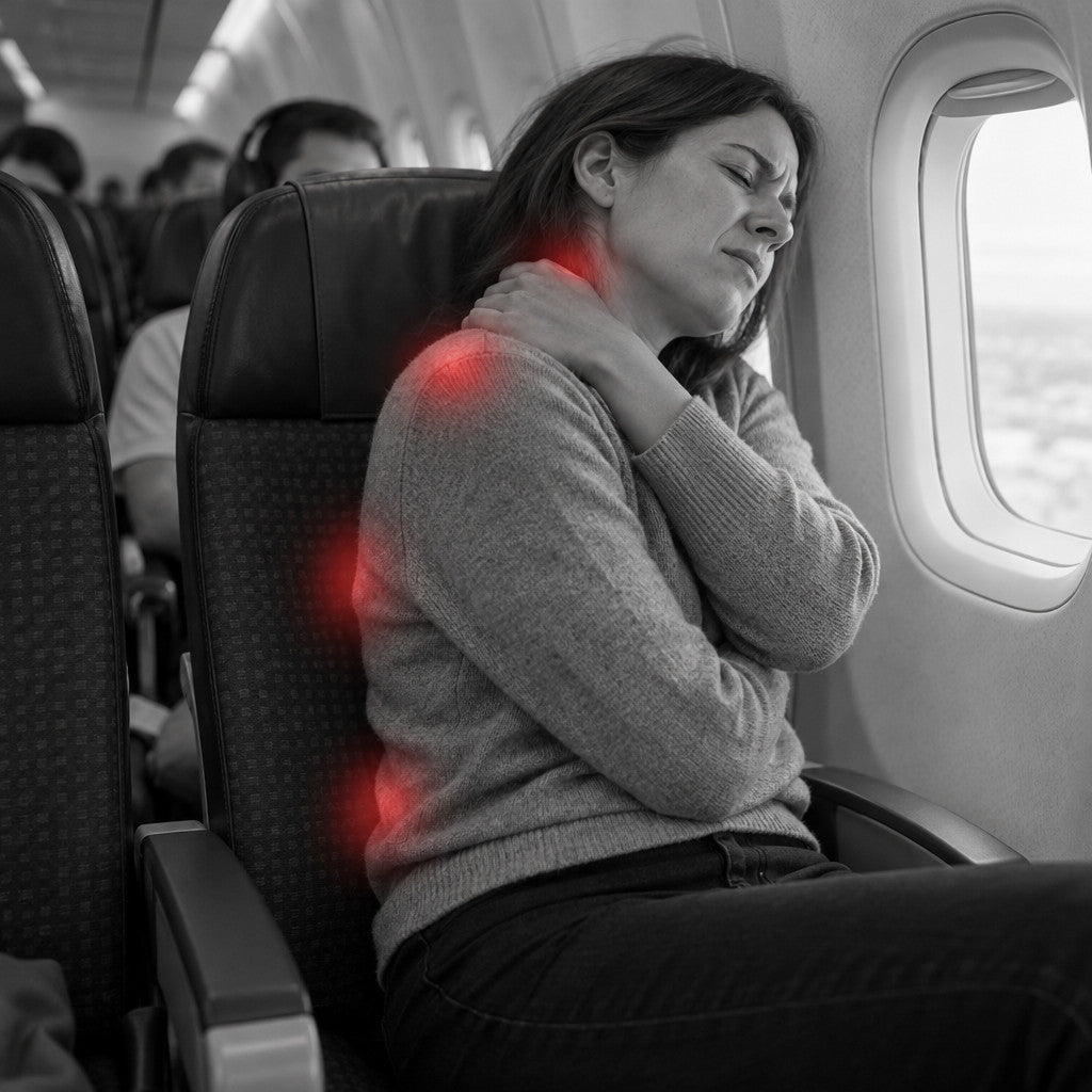 Seated airplane traveler holding her neck while trying to rest
