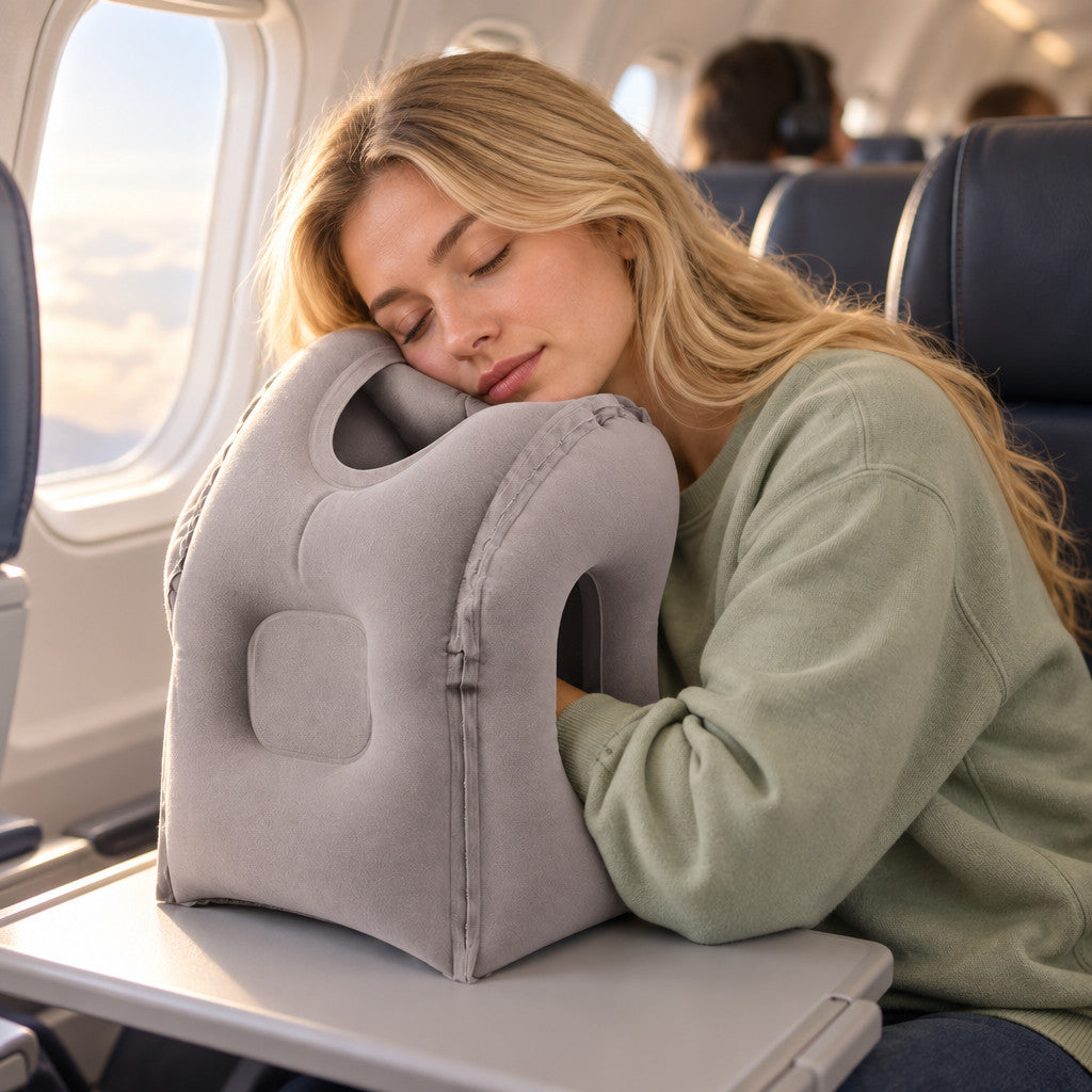 Traveler leaning into a grey inflatable sleep pillow by an airplane window