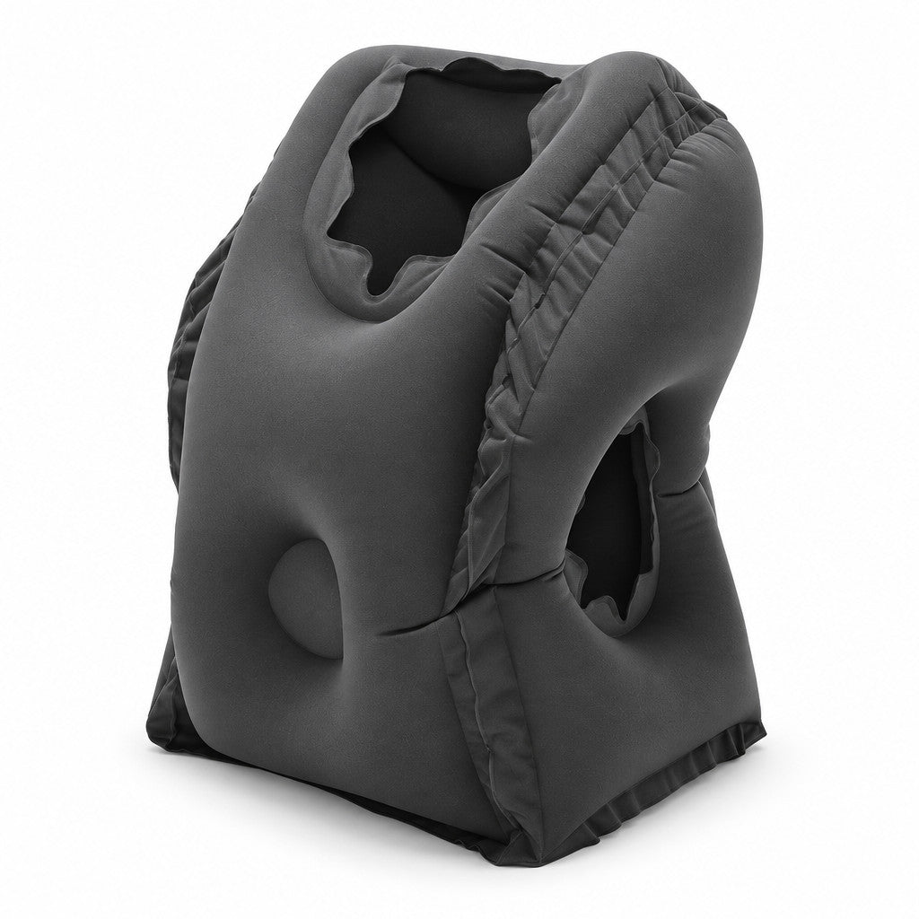 Dark charcoal inflatable travel sleep pillow with face opening