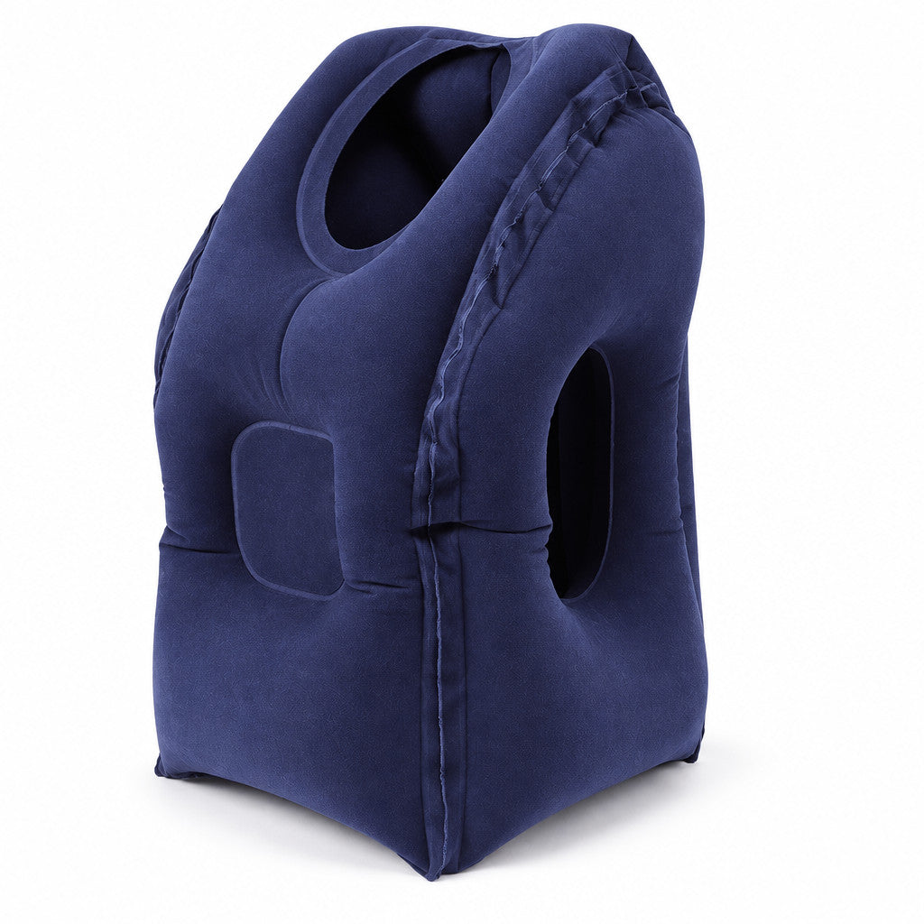 Deep navy inflatable travel sleep pillow with flocked finish