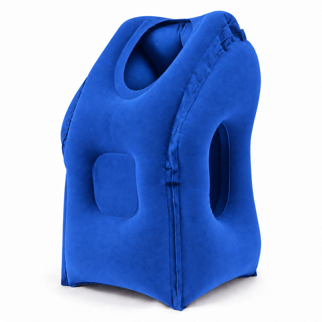 Bright blue inflatable travel sleep pillow with side arm opening