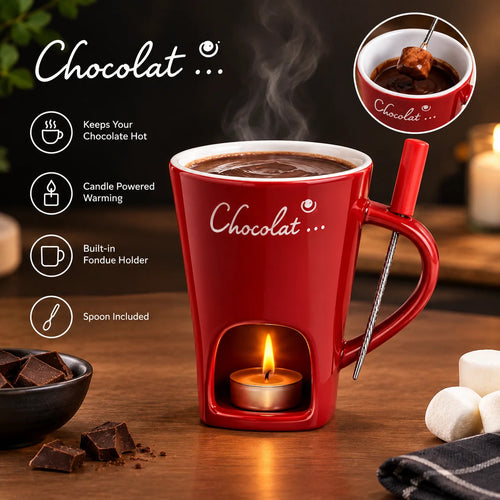 Red ceramic FondPot chocolate fondue cup with candle warmer and dipping utensil
