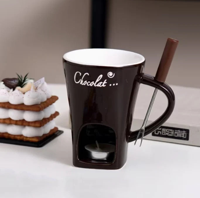 Brown ceramic FondPot chocolate fondue cup with candle holder and dipping utensil
