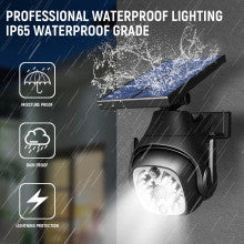 GlowJay outdoor solar light shown in rain with IP65 rating