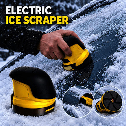 Yellow and black electric ice scraper clearing frost from a car windshield
