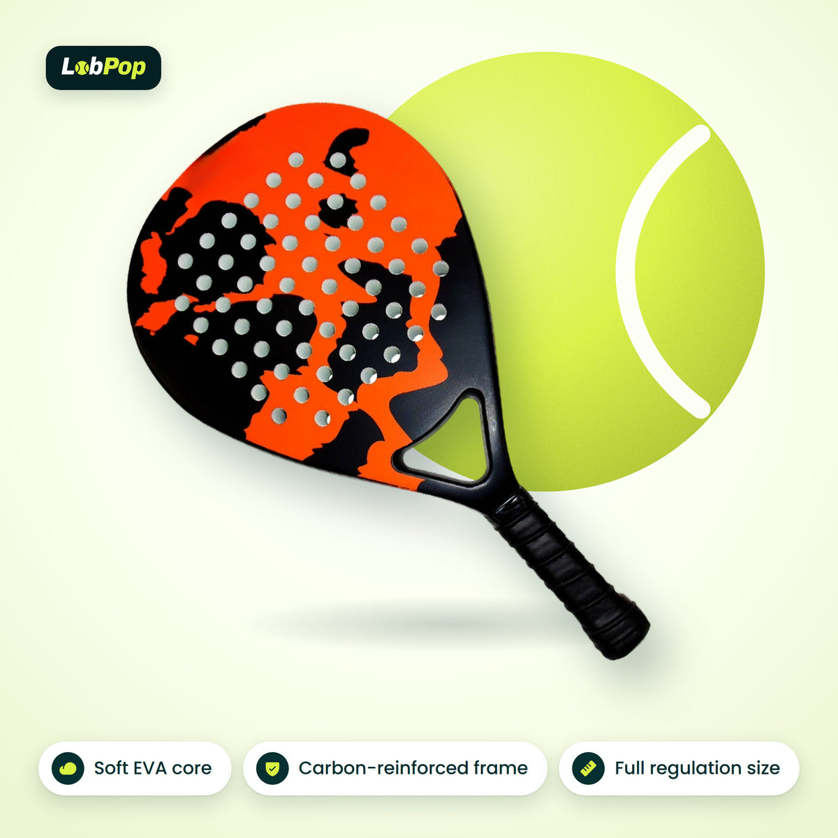LobPop padel racket in Orange with a black camo face, three-quarter view