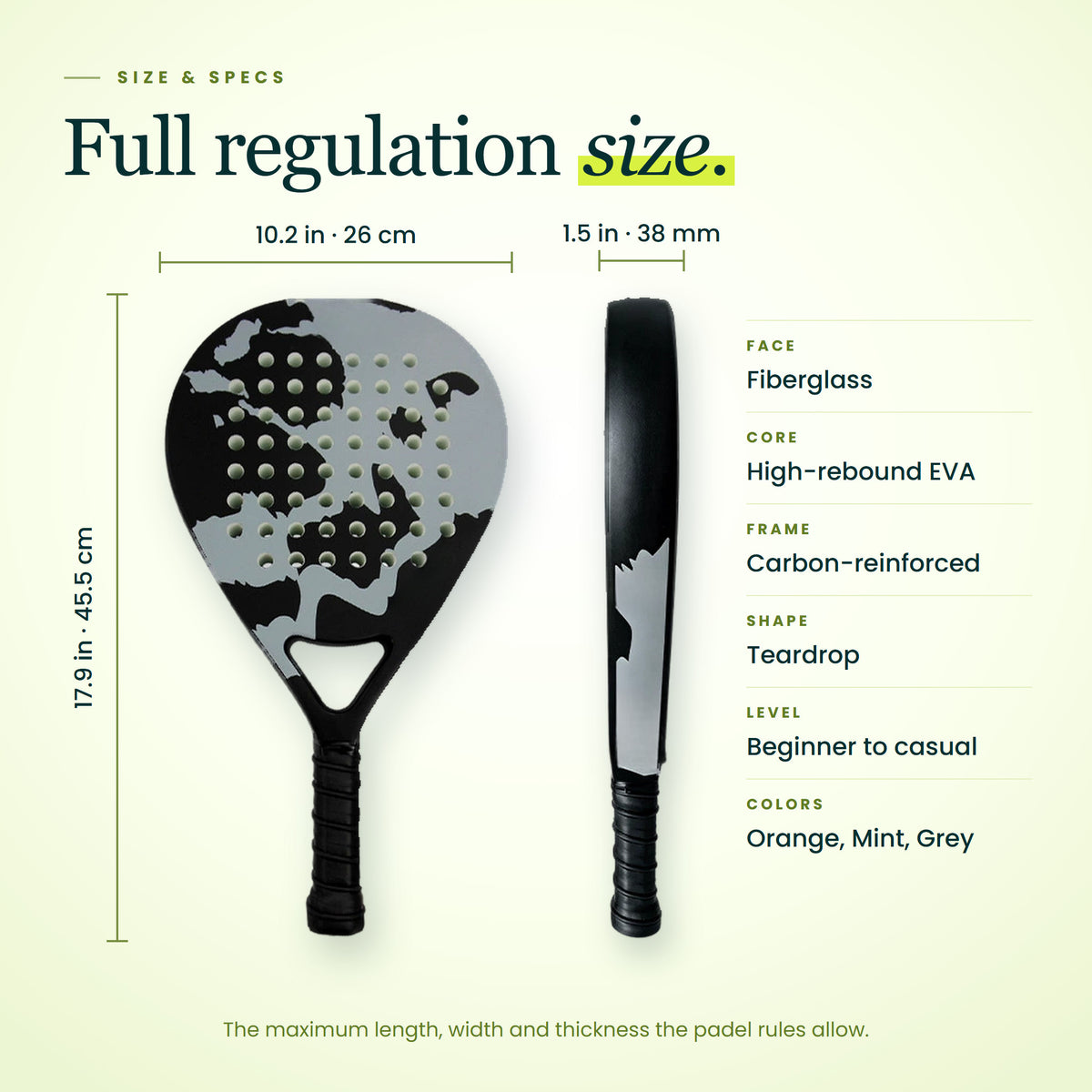 LobPop padel racket size: 17.9 x 10.2 in (45.5 x 26 cm), 1.5 in (38 mm) thick