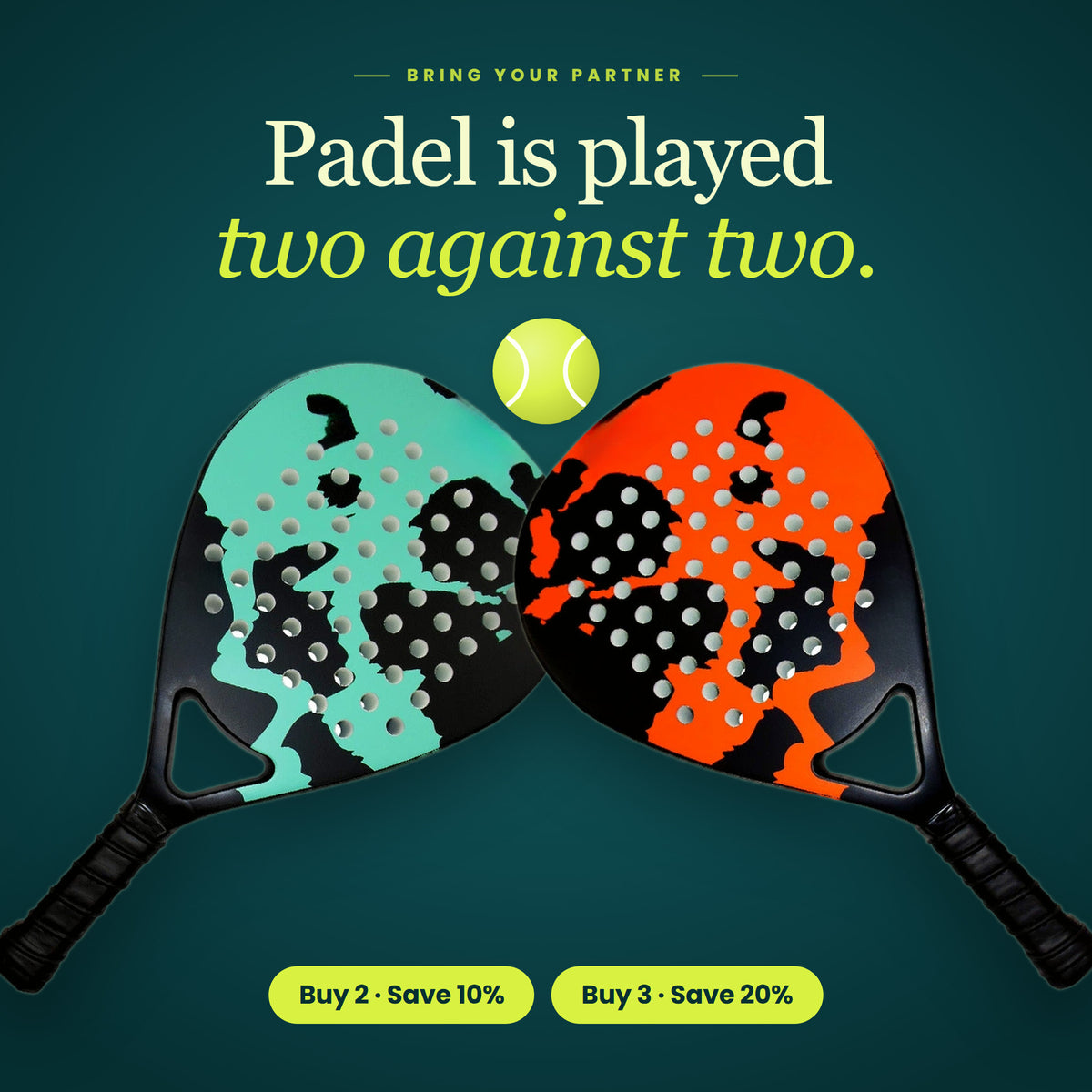 Two LobPop padel rackets in Orange and Mint, one for you and one for your doubles partner