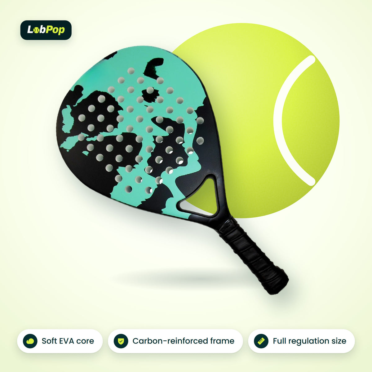 LobPop padel racket in Mint with a black camo face