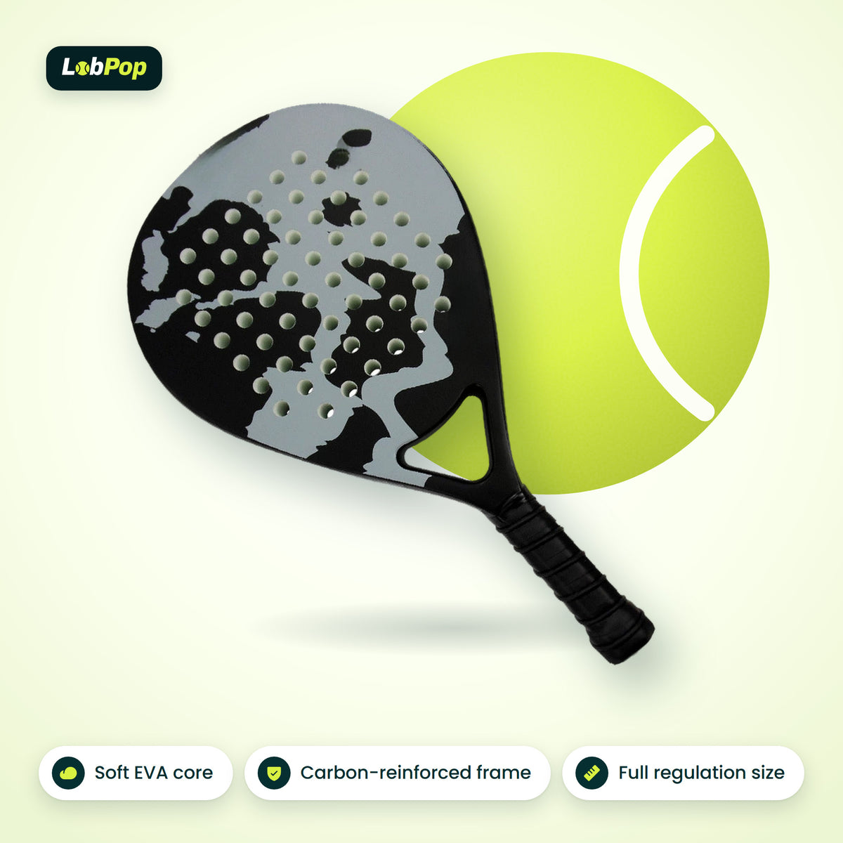 LobPop padel racket in Grey with a black camo face