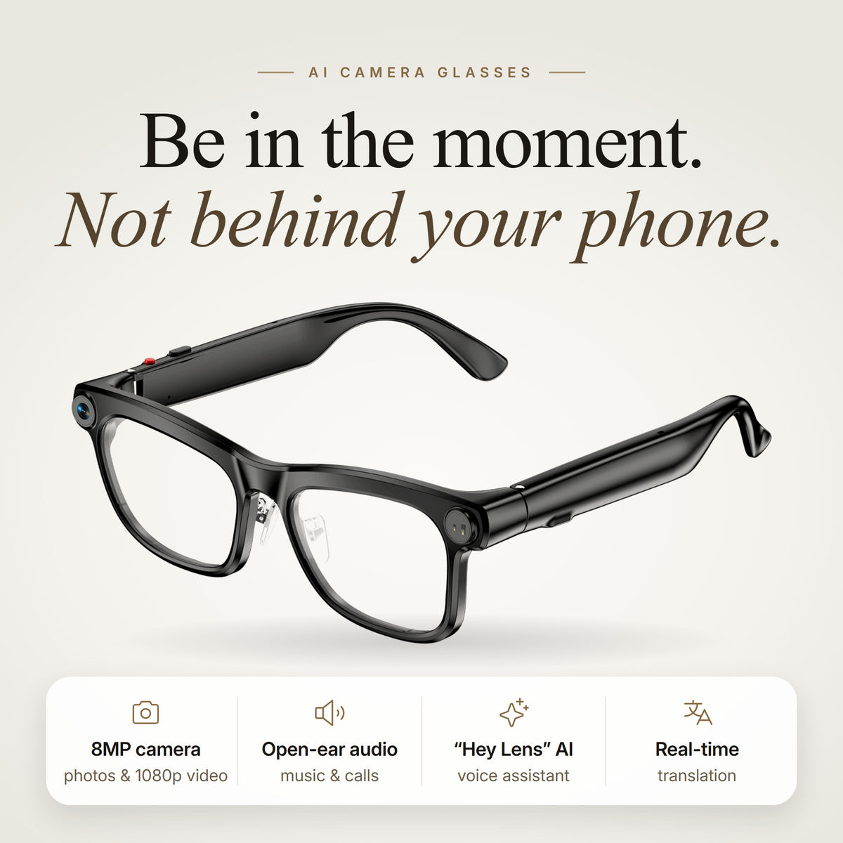 NowLens AI camera glasses with clear lenses, three-quarter view on an ivory background