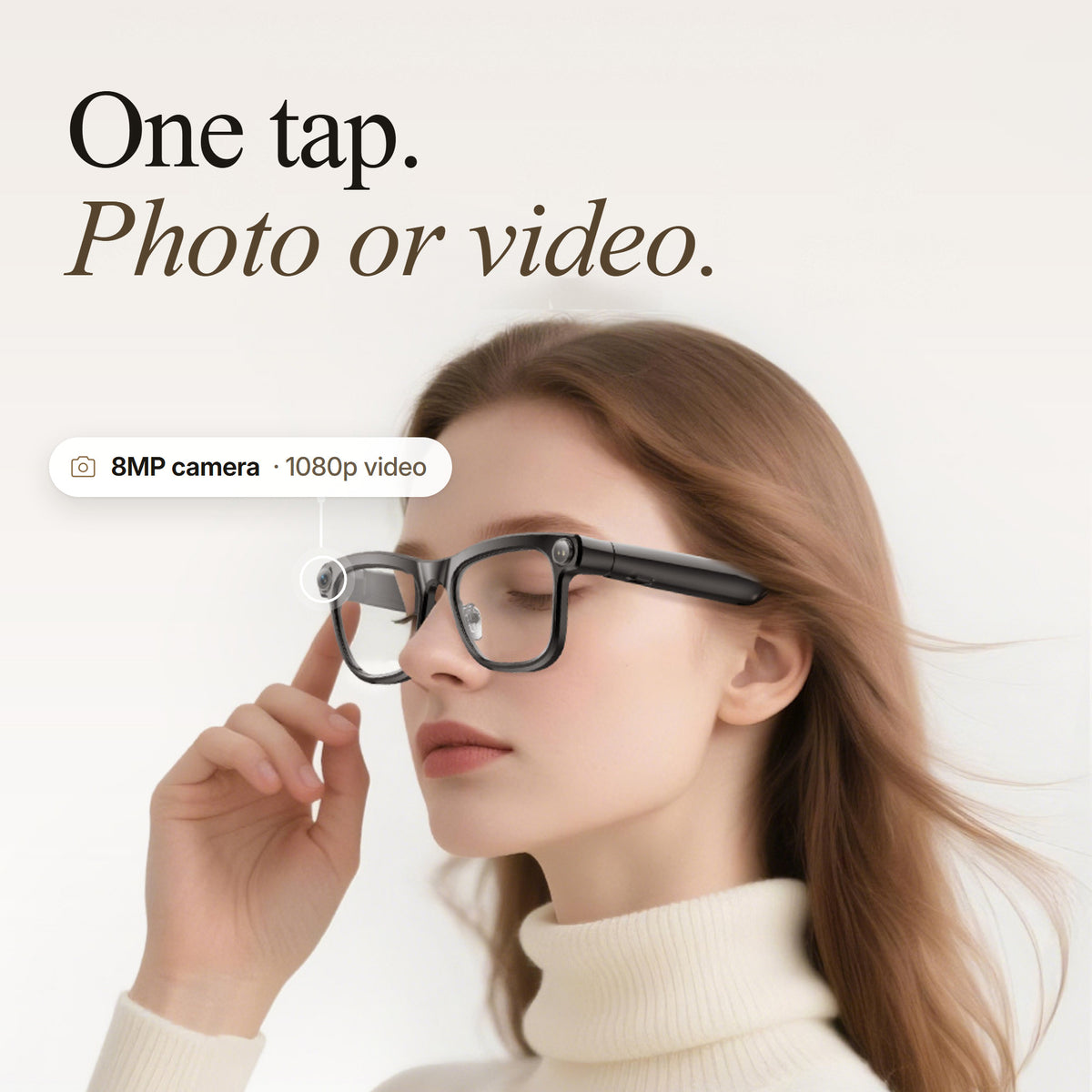 Woman tapping the frame of her NowLens glasses to take a photo with the 8MP camera