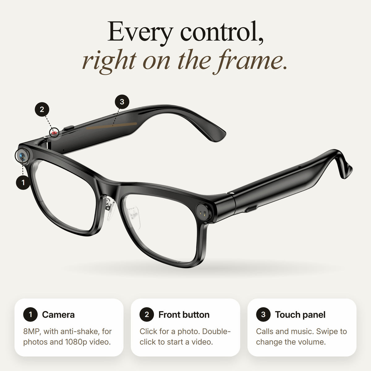 NowLens controls: camera at the hinge, front photo and video button, touch panel on the temple