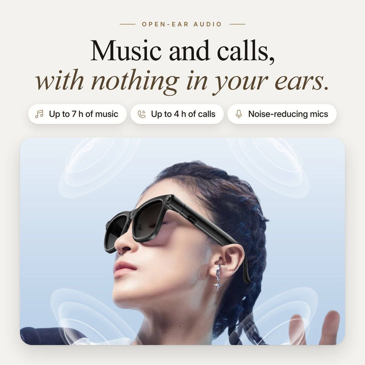 Woman wearing NowLens sunglass lenses, listening through the open-ear speakers