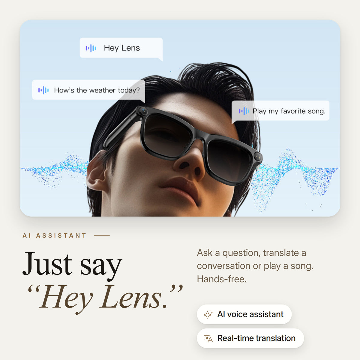 Man wearing NowLens asking the Hey Lens AI assistant about the weather and his favorite song