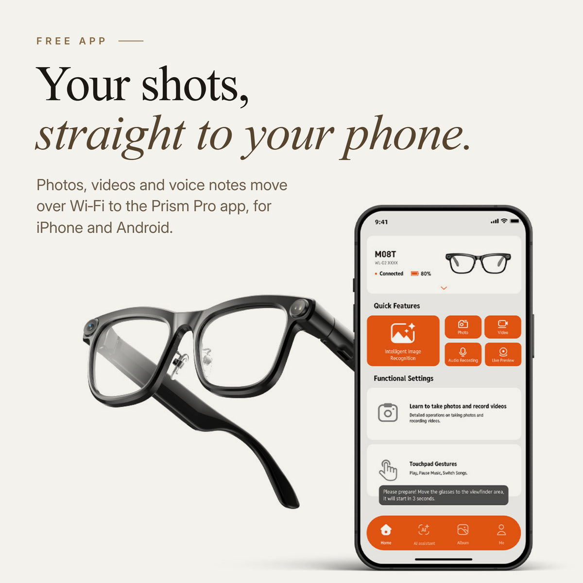 NowLens glasses next to a phone running the Prism Pro app that receives photos and videos