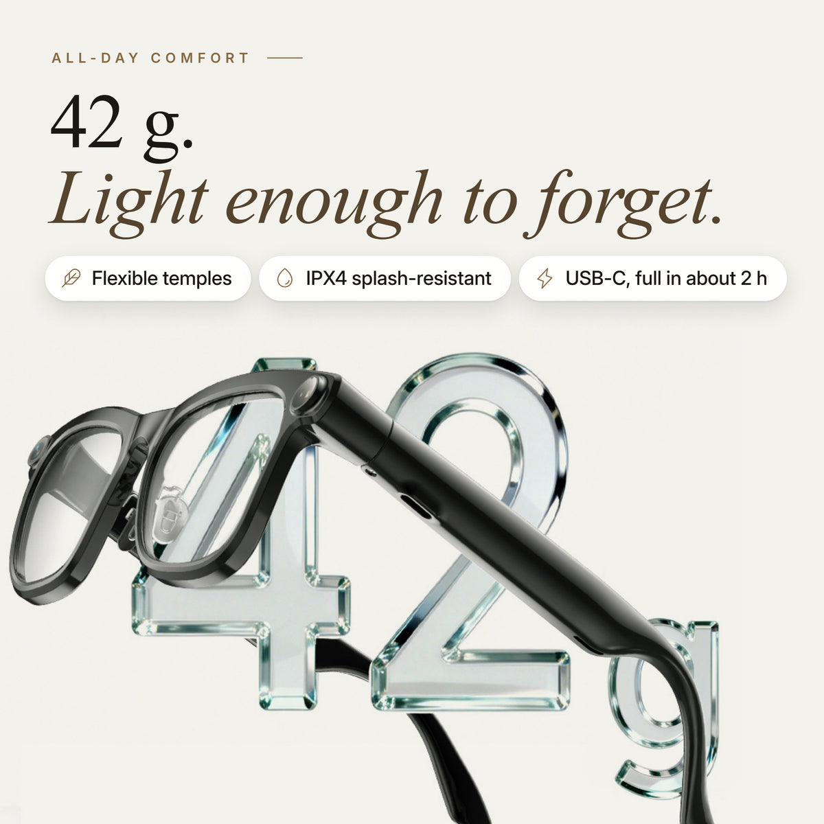 NowLens glasses resting on a large 42 g figure, light and comfortable all day