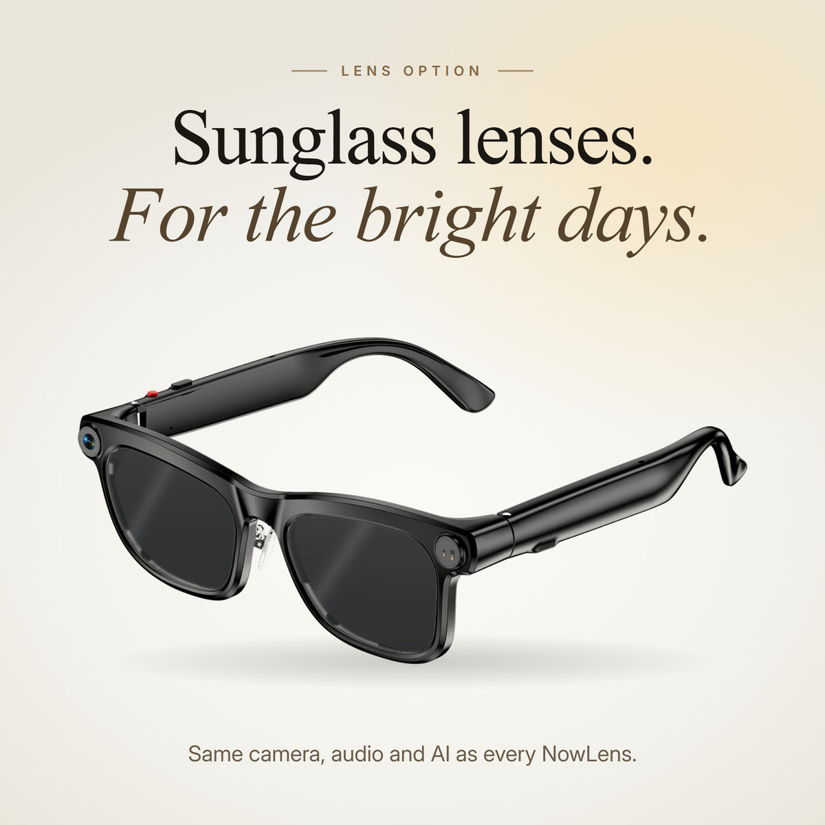 NowLens AI camera glasses with dark sunglass lenses