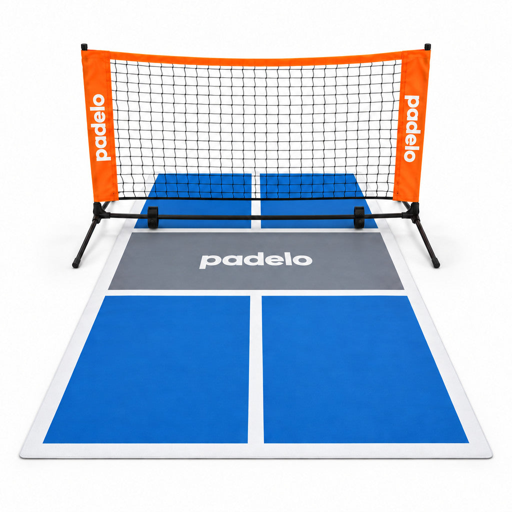 Portable blue pickleball court mat with orange net
