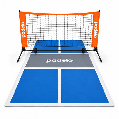 Portable blue pickleball court mat with orange net