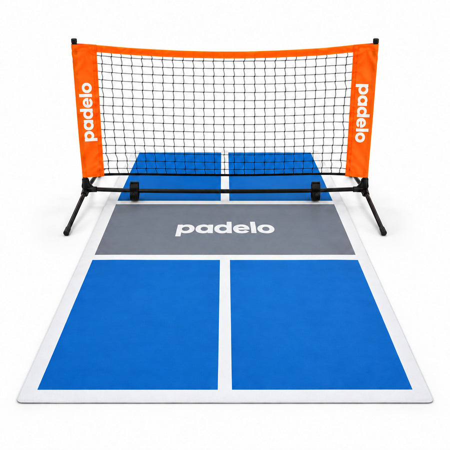 Portable blue pickleball court mat with orange net