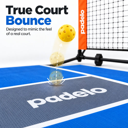 Pickleball bouncing on textured blue court mat