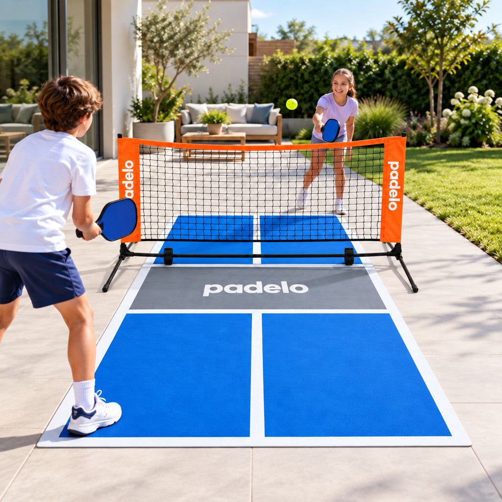 Two players using the portable pickleball court on a patio