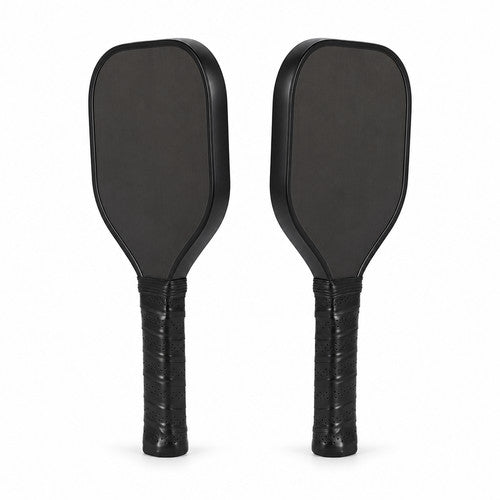 Two black pickleball paddles with wrapped handles