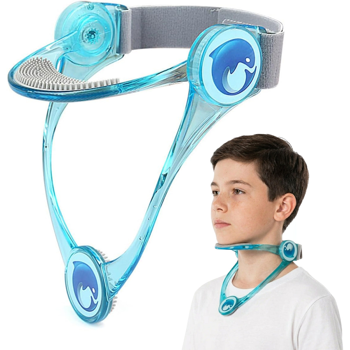 Transparent blue cervical posture corrector with gray neck strap shown on a child