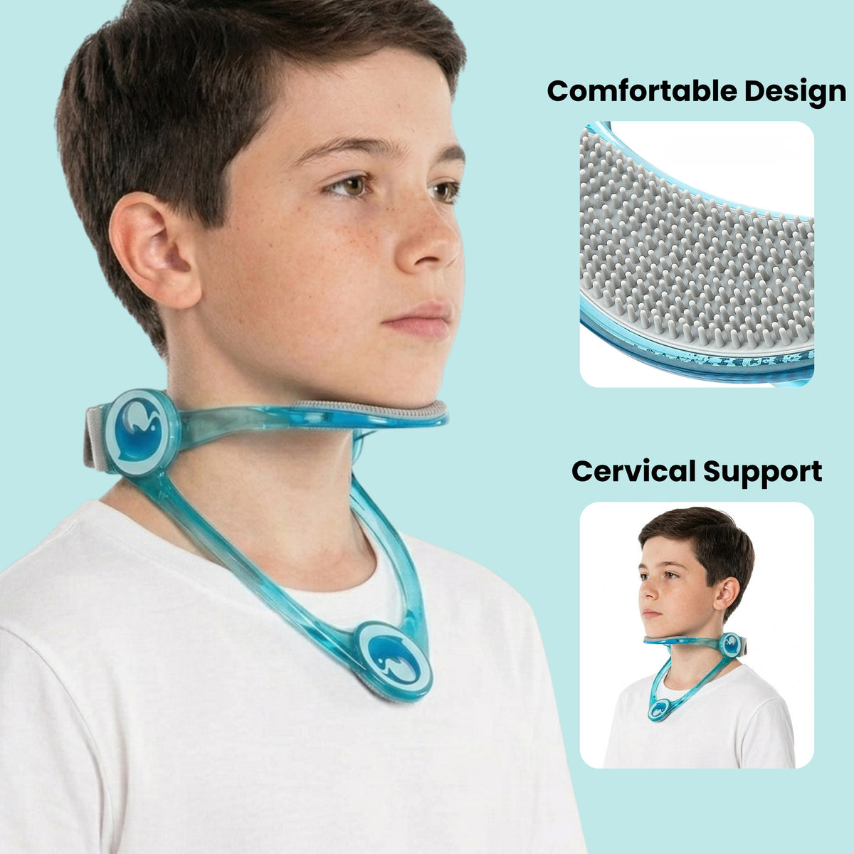 Child wearing PoseHug cervical support with textured chin contact pad