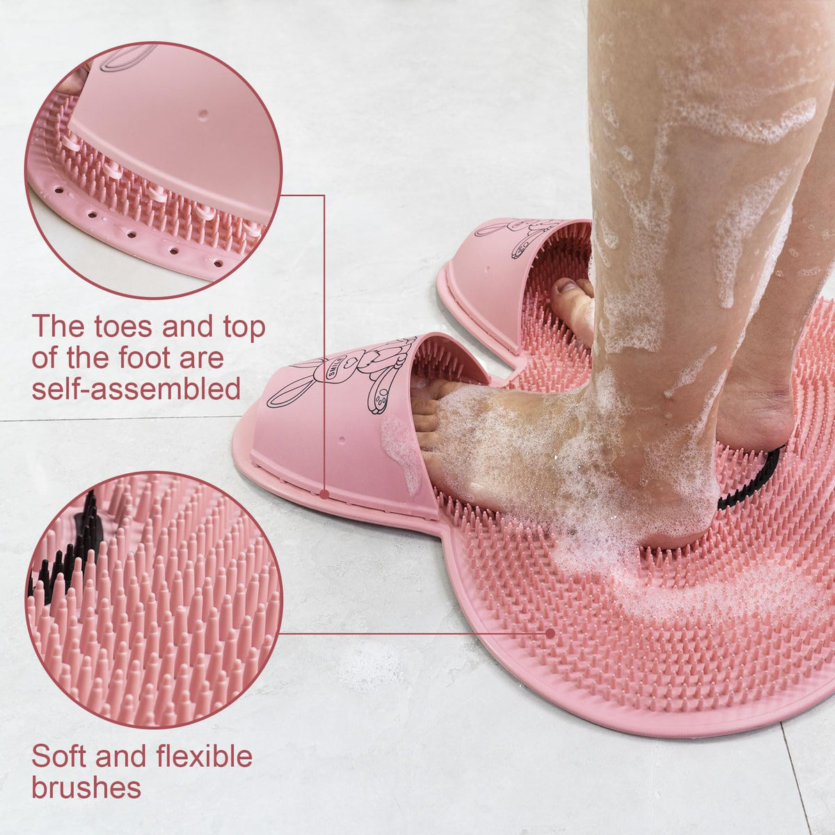 Pink ToeRub foot scrubber mat used with shower lather on feet and legs