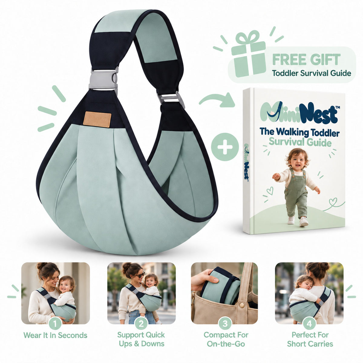 Sage and navy TotPup toddler carrier with adjustable shoulder strap and survival guide