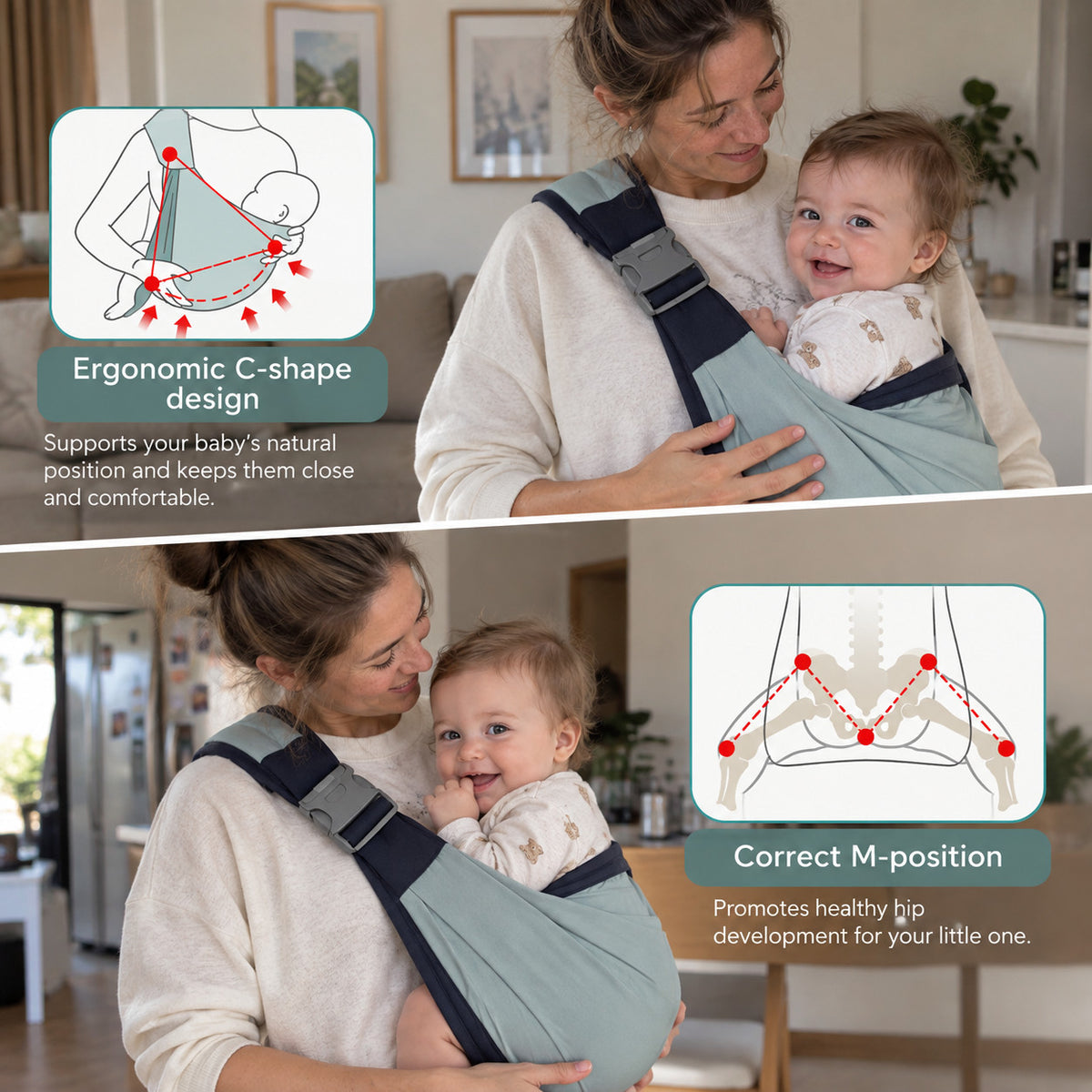 Toddler carried close in TotPup carrier, showing C-shaped seat and seated position