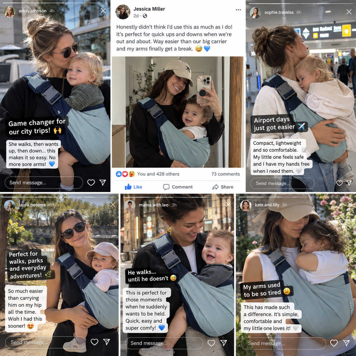 Parents using the compact TotPup toddler carrier for travel, walks, and errands