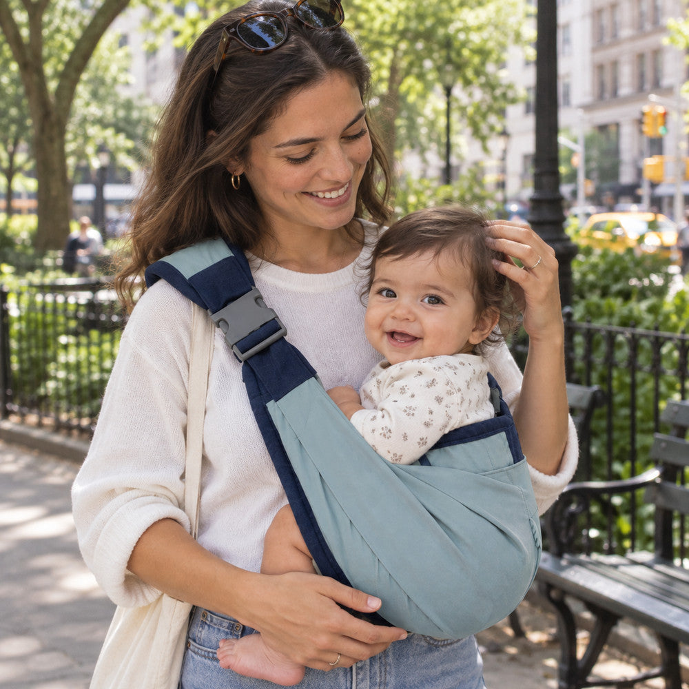Parent carrying a smiling toddler in the sage TotPup shoulder carrier outdoors