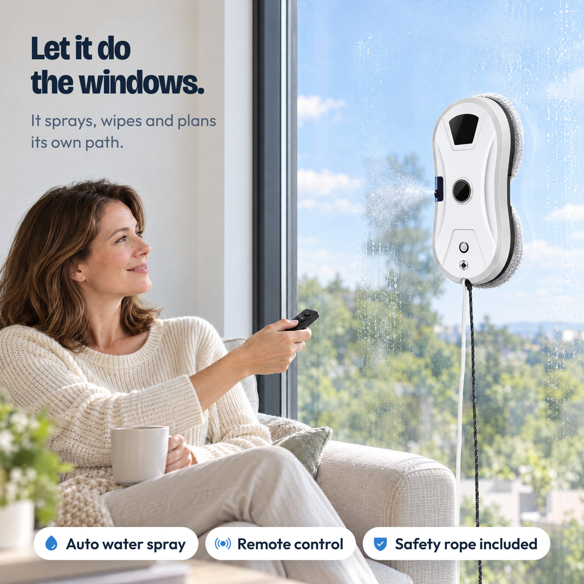 Woman relaxing on the sofa while the WipeSky robot sprays and cleans a large window