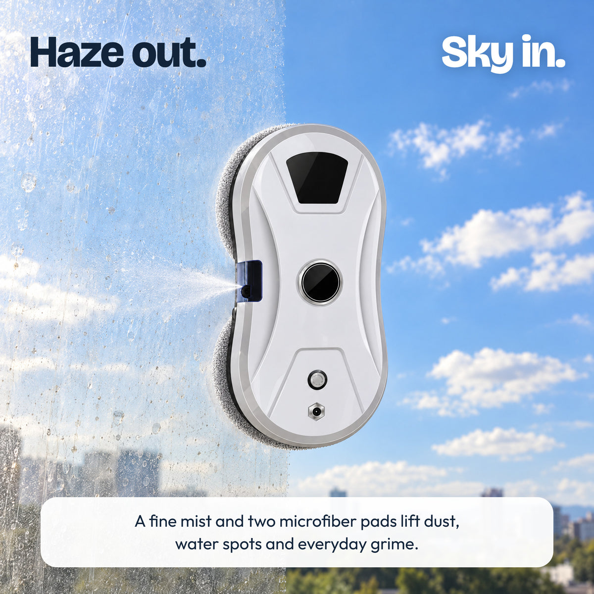 WipeSky robot misting a hazy window, one half dirty and the other half clear blue sky