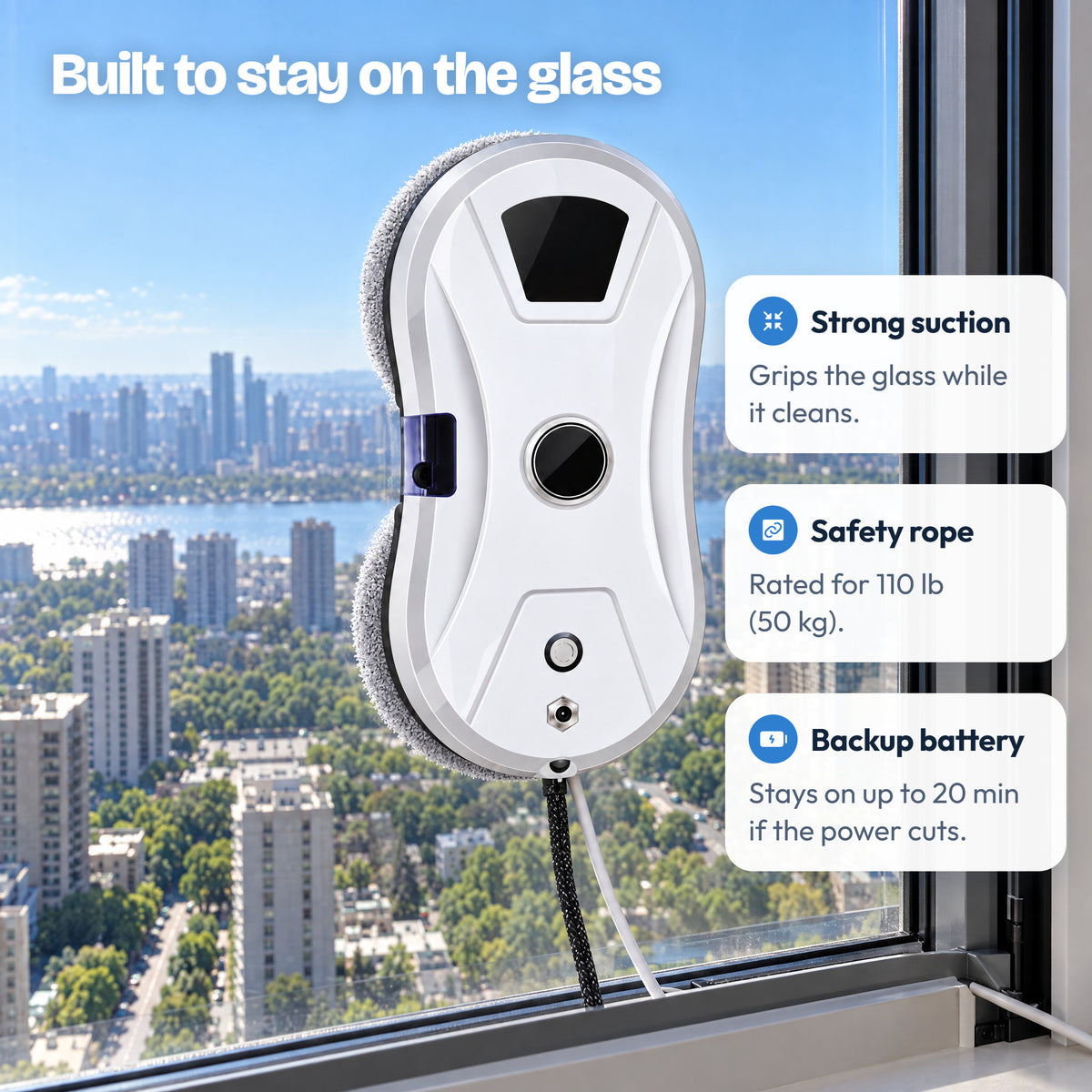 WipeSky robot holding to a high-rise window with its safety rope attached