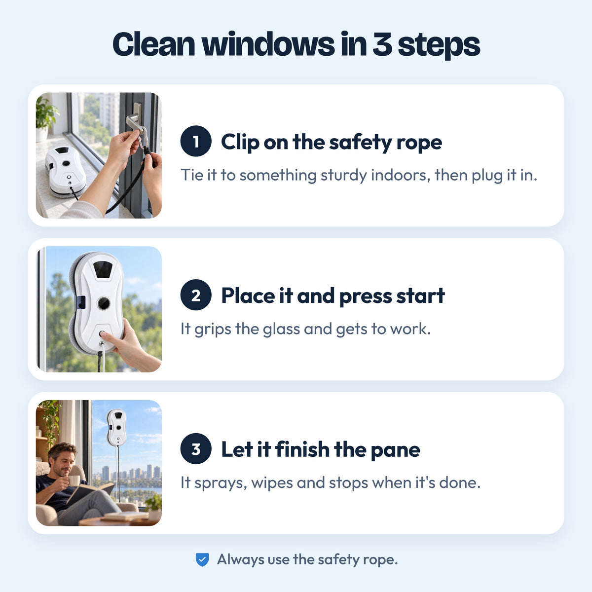 Three steps: clip on the safety rope, press start, let WipeSky finish the pane