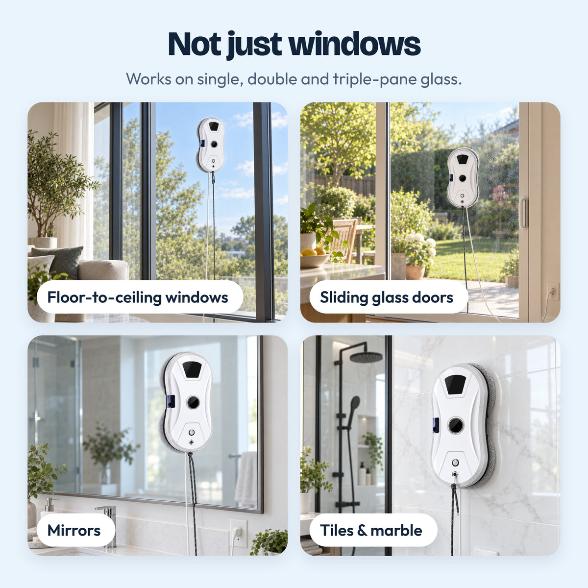WipeSky on floor-to-ceiling windows, sliding glass doors, mirrors and marble tile