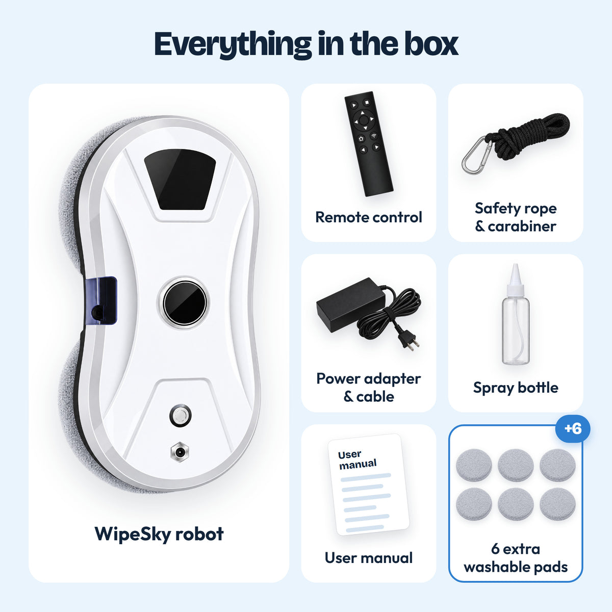 In the box: WipeSky robot, remote, safety rope, adapter, spray bottle, manual, 6 pads