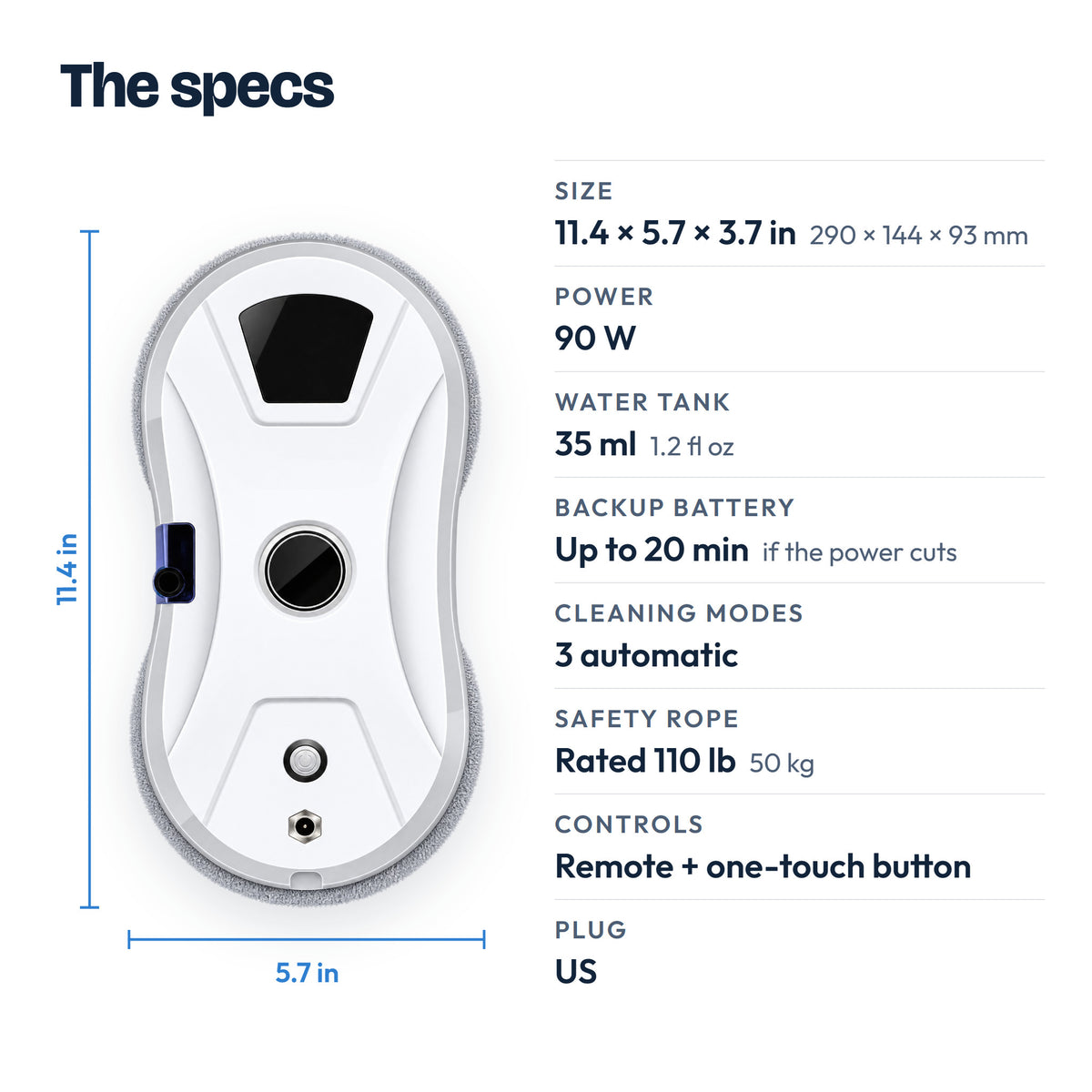 WipeSky specs: 11.4 x 5.7 x 3.7 in, 90 W, 35 ml tank, 20 min backup battery, US plug